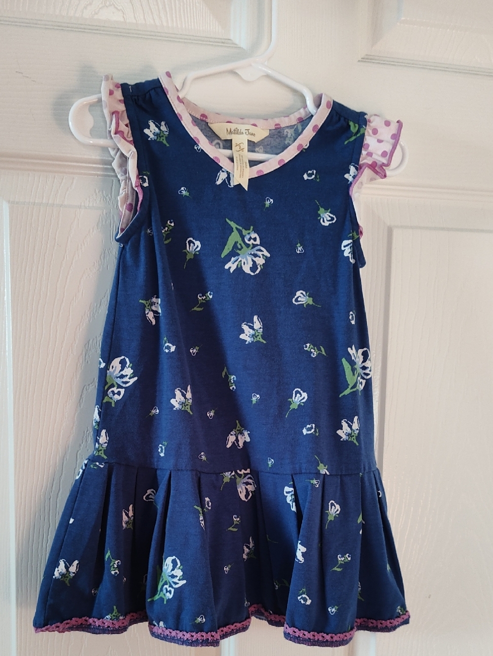 Matilda Jane Navy Floral Ruffle-Sleeve Dress with Pink Trim